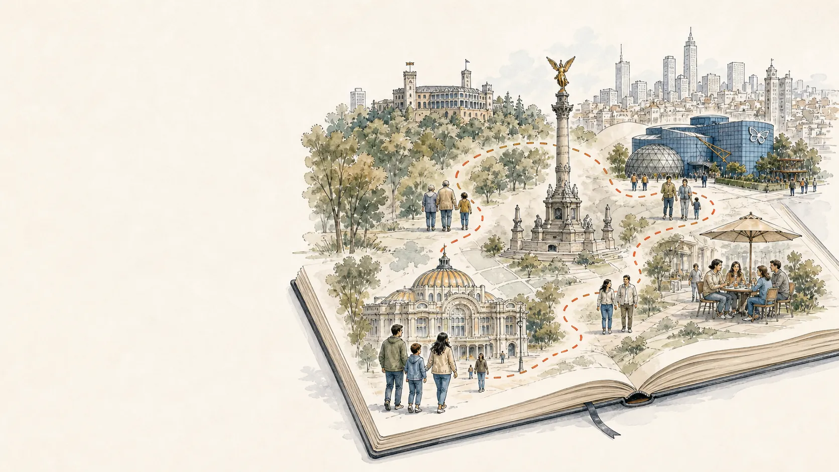 Ilustración en acuarela de familias recorriendo una ciudad abierta como un libro